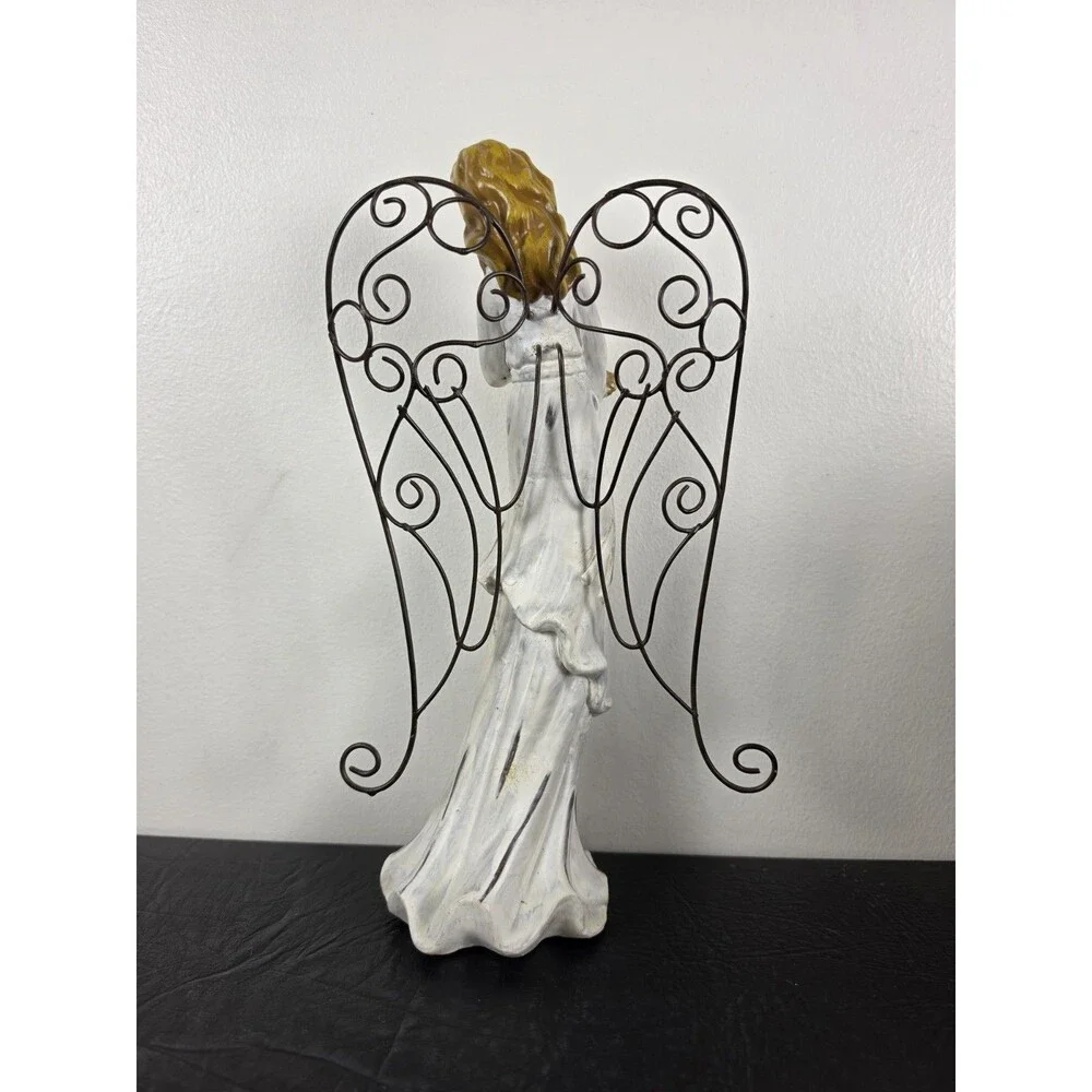 Vintage Rustic White Christmas Angel Figurine With Metal Wings Gold Trumpet 11